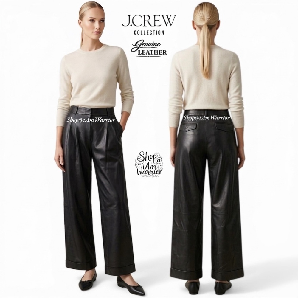 J.Crew Collection NWT Black Wide-Leg Lambskin Leather High Rise Pleated Pants